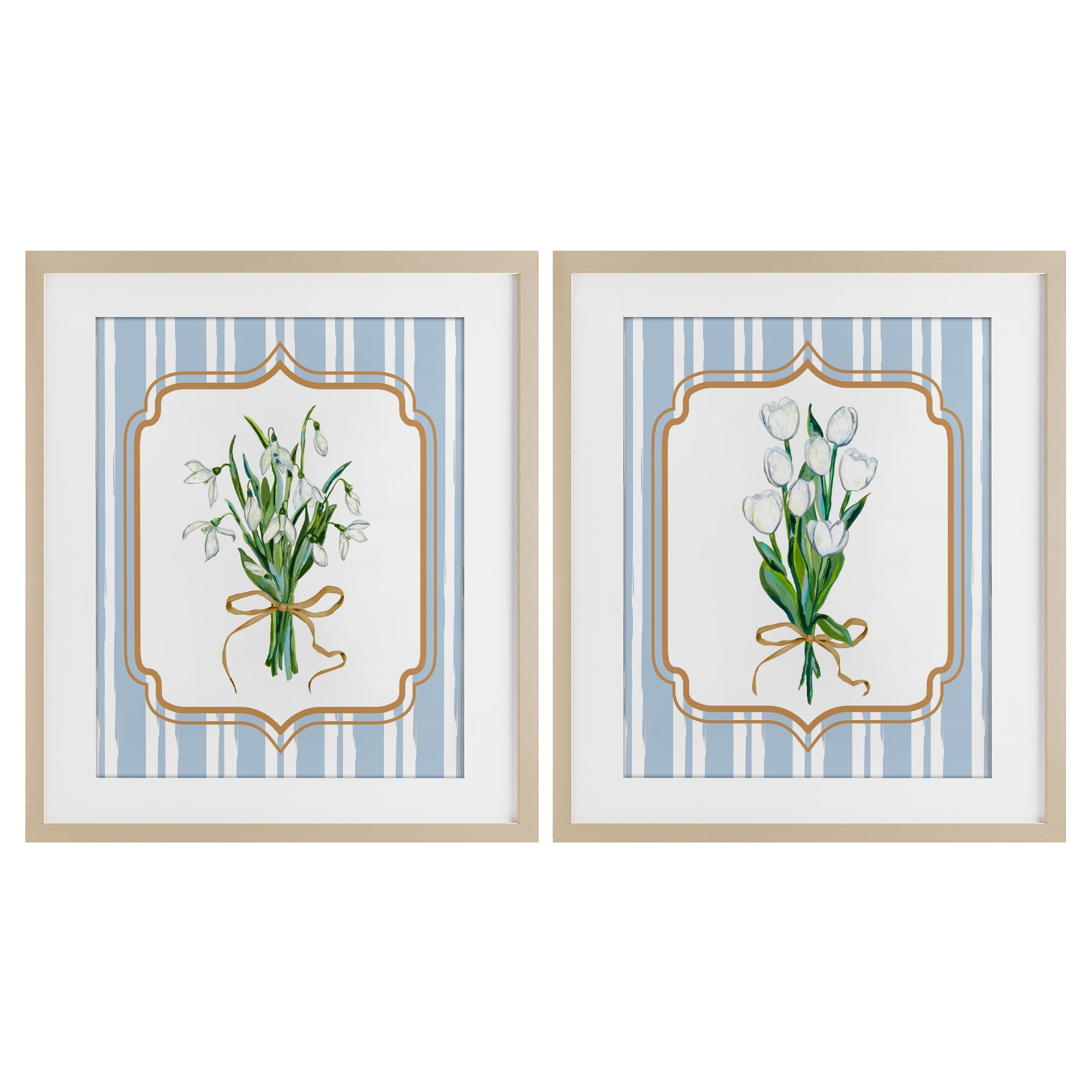 White Flowers Classic Stripes 2 Piece Birch Framed Print Under Glass Set, design by Adonna Ebrahimi