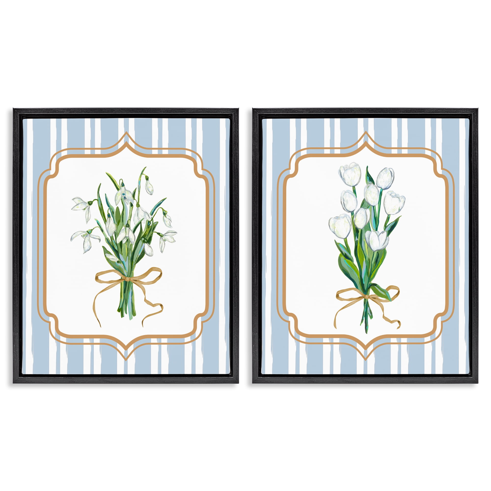 White Flowers Classic Stripes 2 Piece Black Framed Floater Canvas Set, design by Adonna Ebrahimi