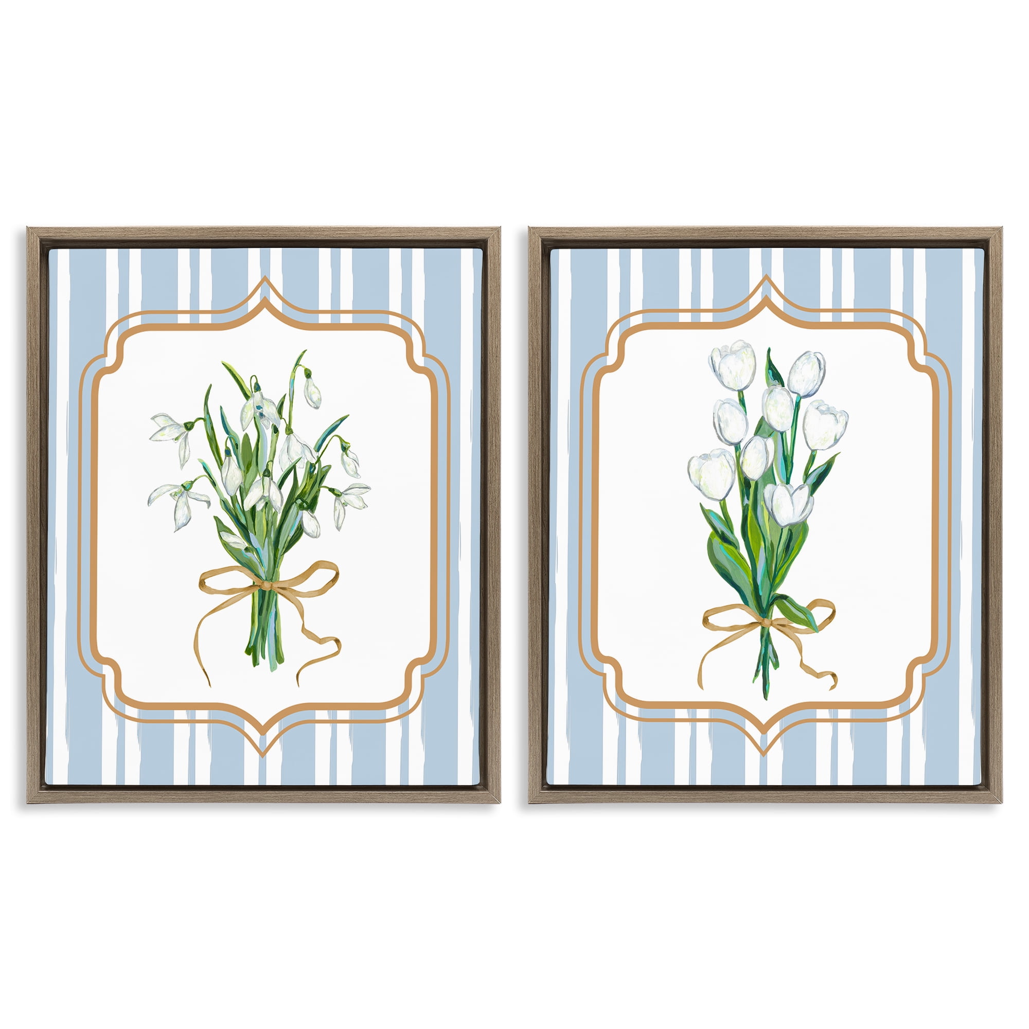 White Flowers Classic Stripes 2 Piece Brown Framed Floater Canvas Set, design by Adonna Ebrahimi