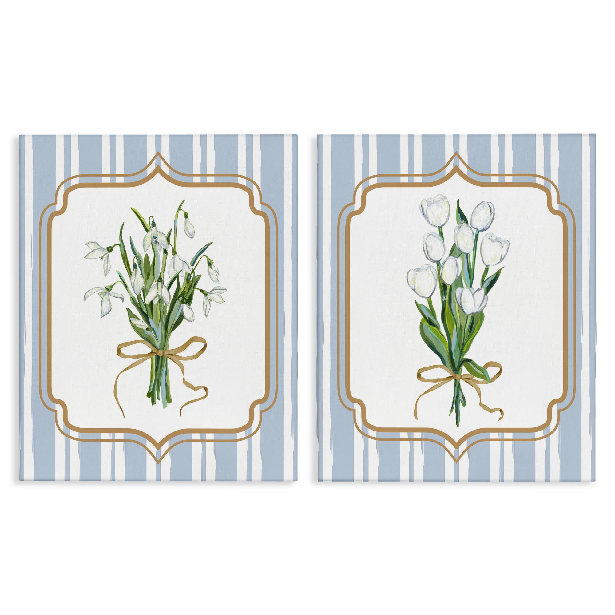 White Flowers Classic Stripes 2 Piece Canvas Wall Art Set, design by Adonna Ebrahimi