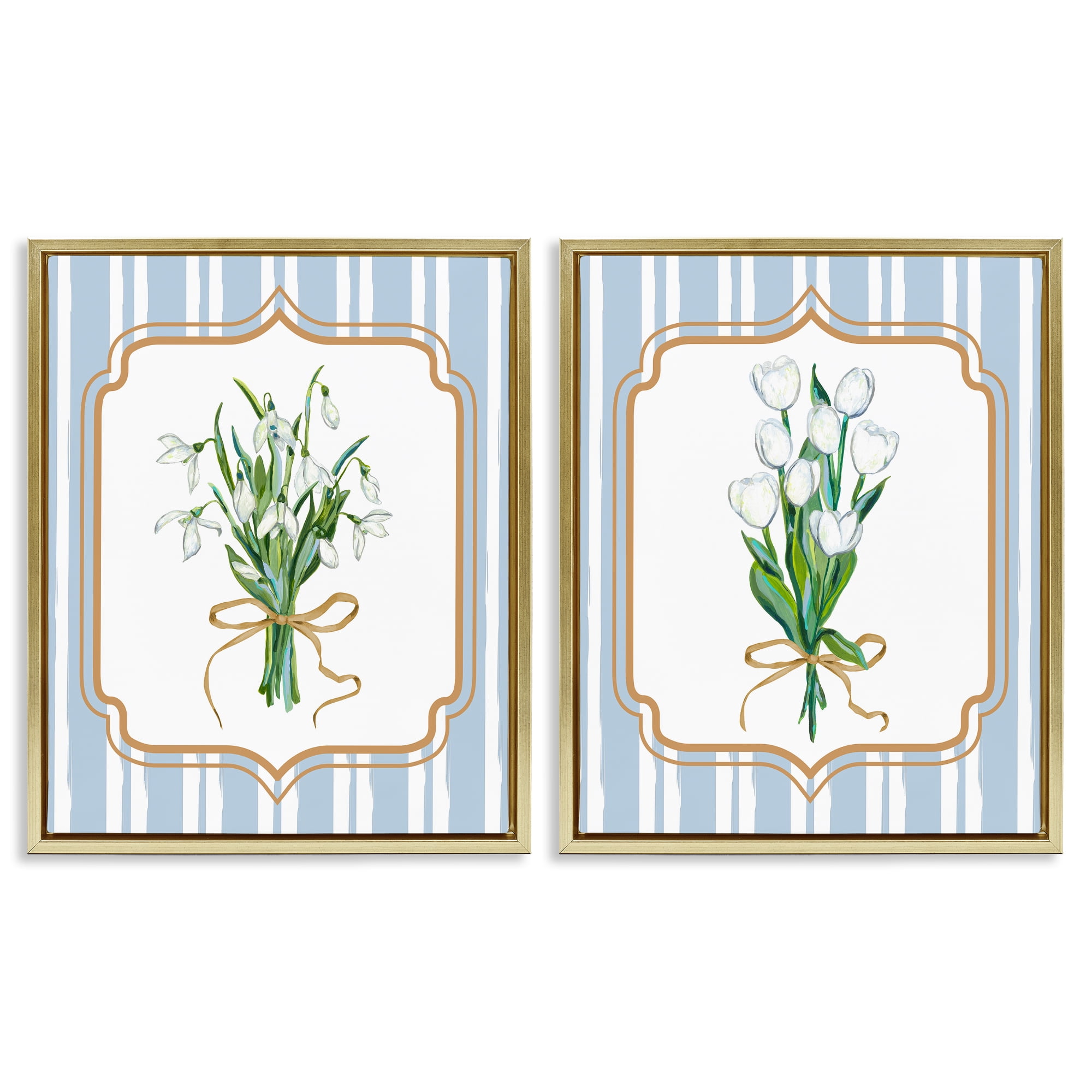 White Flowers Classic Stripes 2 Piece Gold Framed Floater Canvas Set, design by Adonna Ebrahimi
