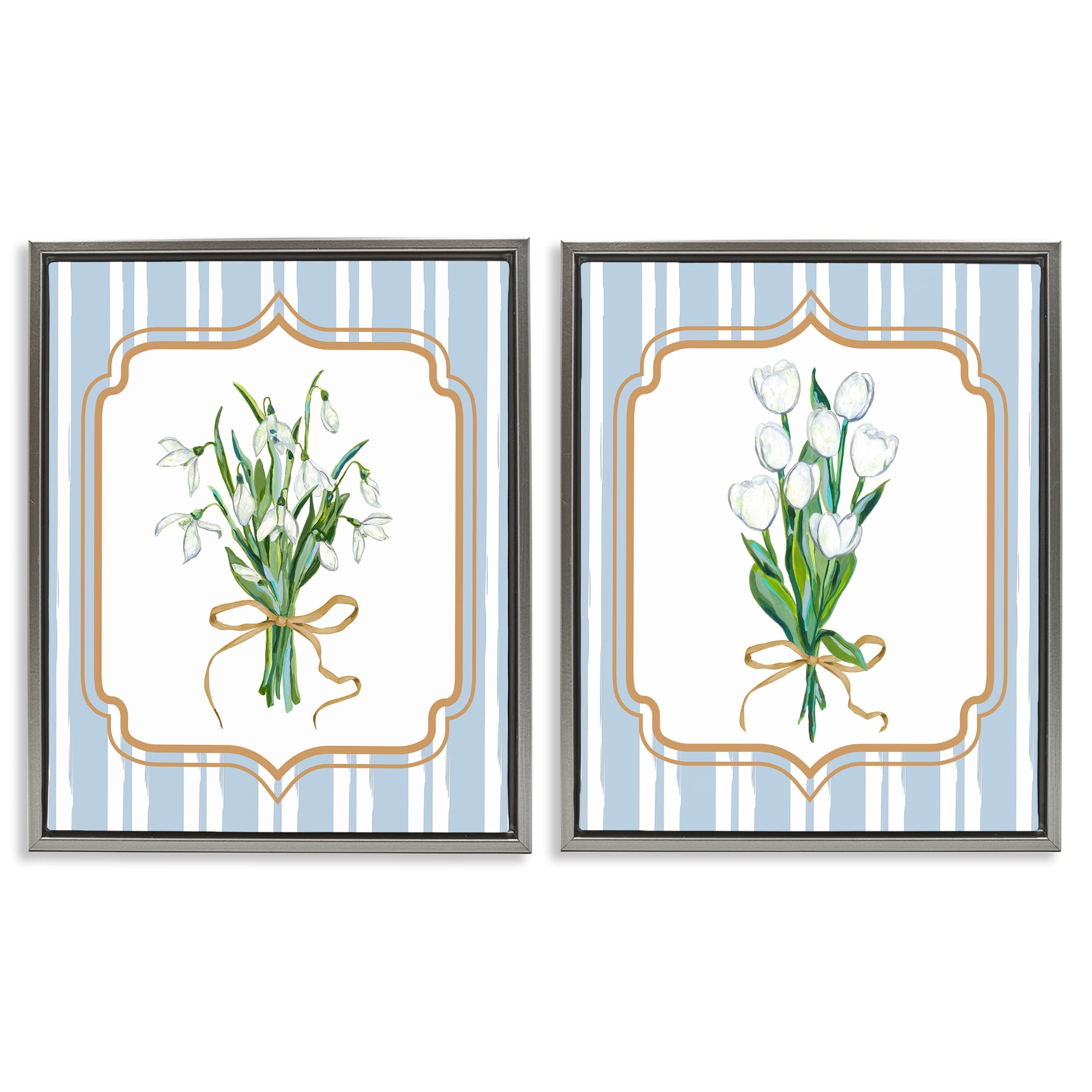 White Flowers Classic Stripes 2 Piece Gray Framed Floater Canvas Set, design by Adonna Ebrahimi
