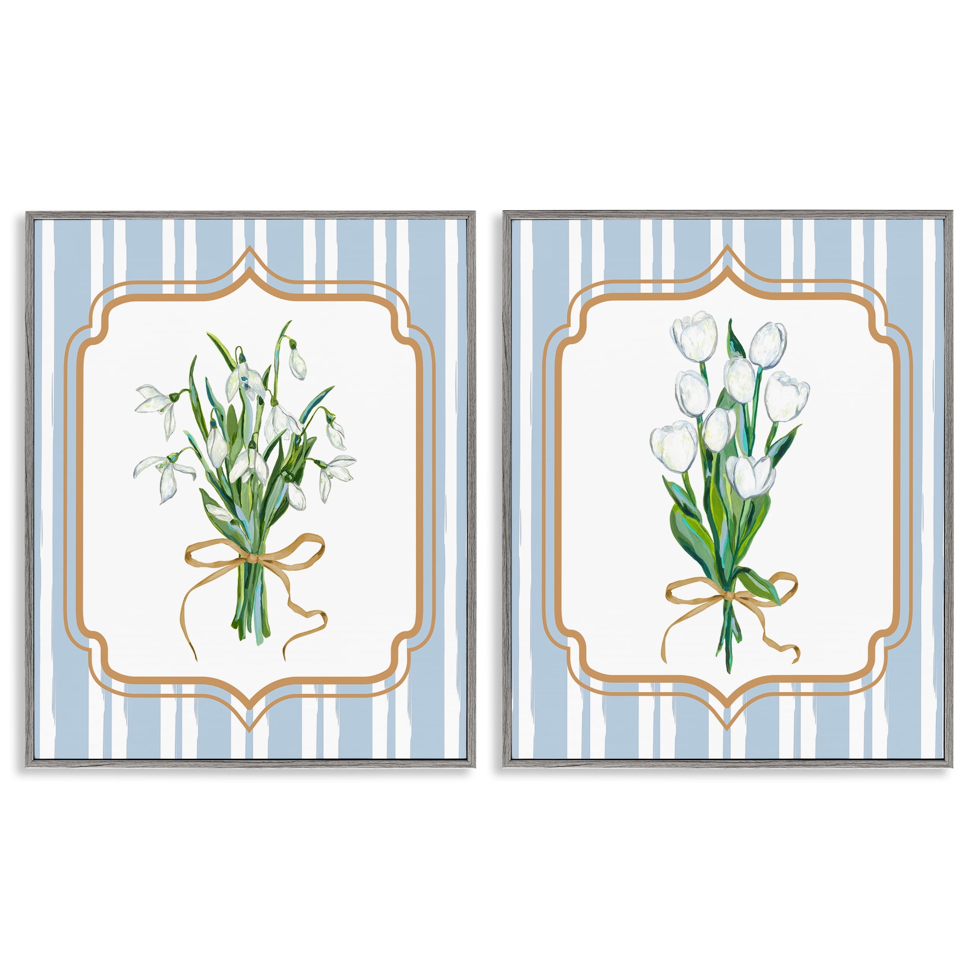 White Flowers Classic Stripes 2 Piece Gray Framed Giclee Art Set, design by Adonna Ebrahimi