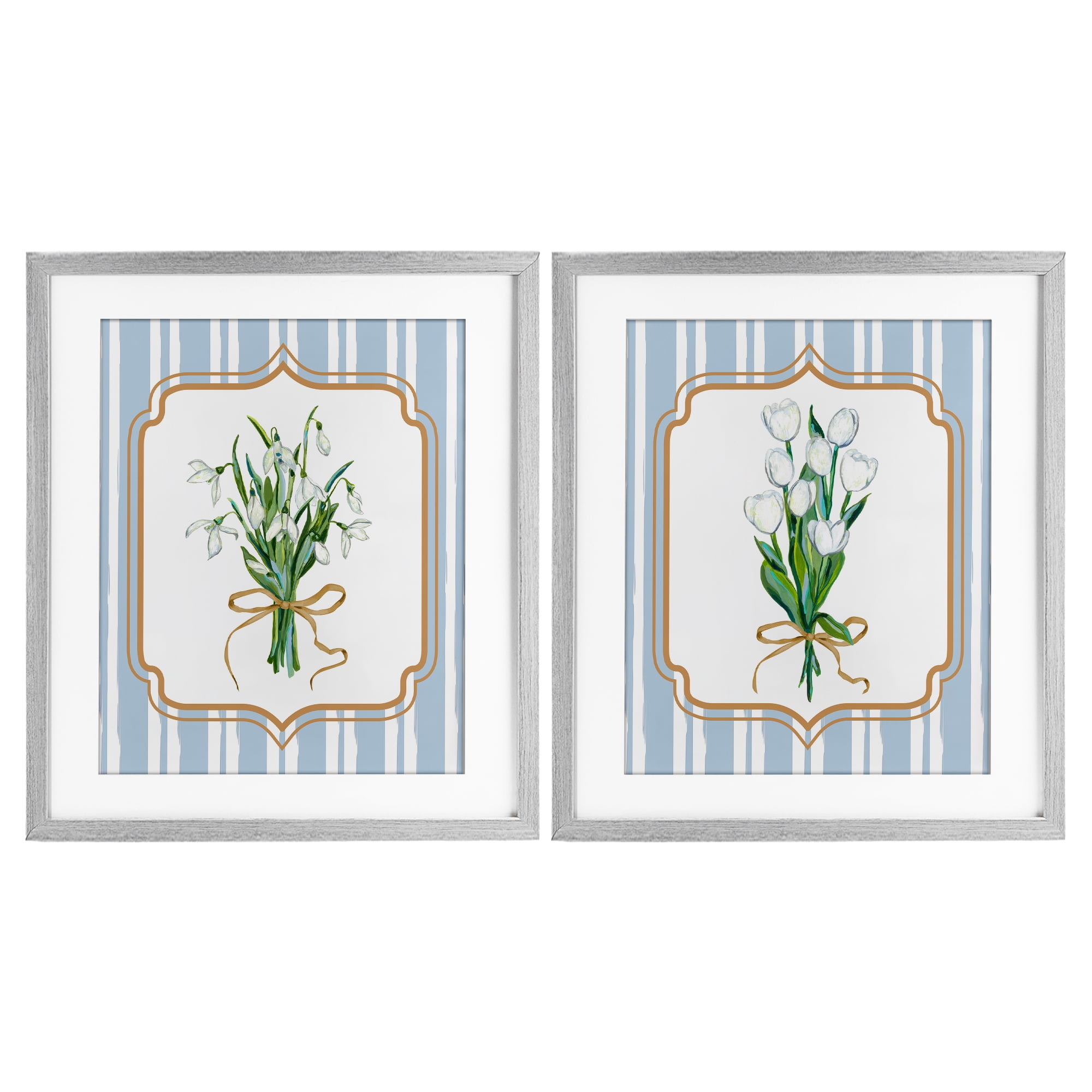 White Flowers Classic Stripes 2 Piece Gray Framed Print Under Glass Set, design by Adonna Ebrahimi