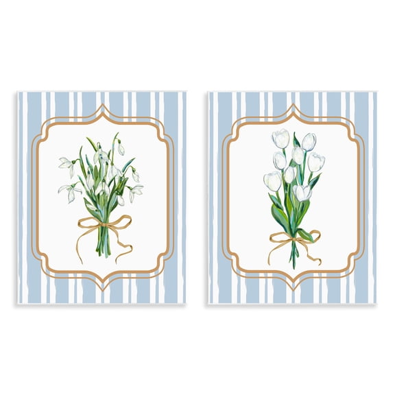 White Flowers Classic Stripes 2 Piece Wall Plaque Art Set, design by Adonna Ebrahimi