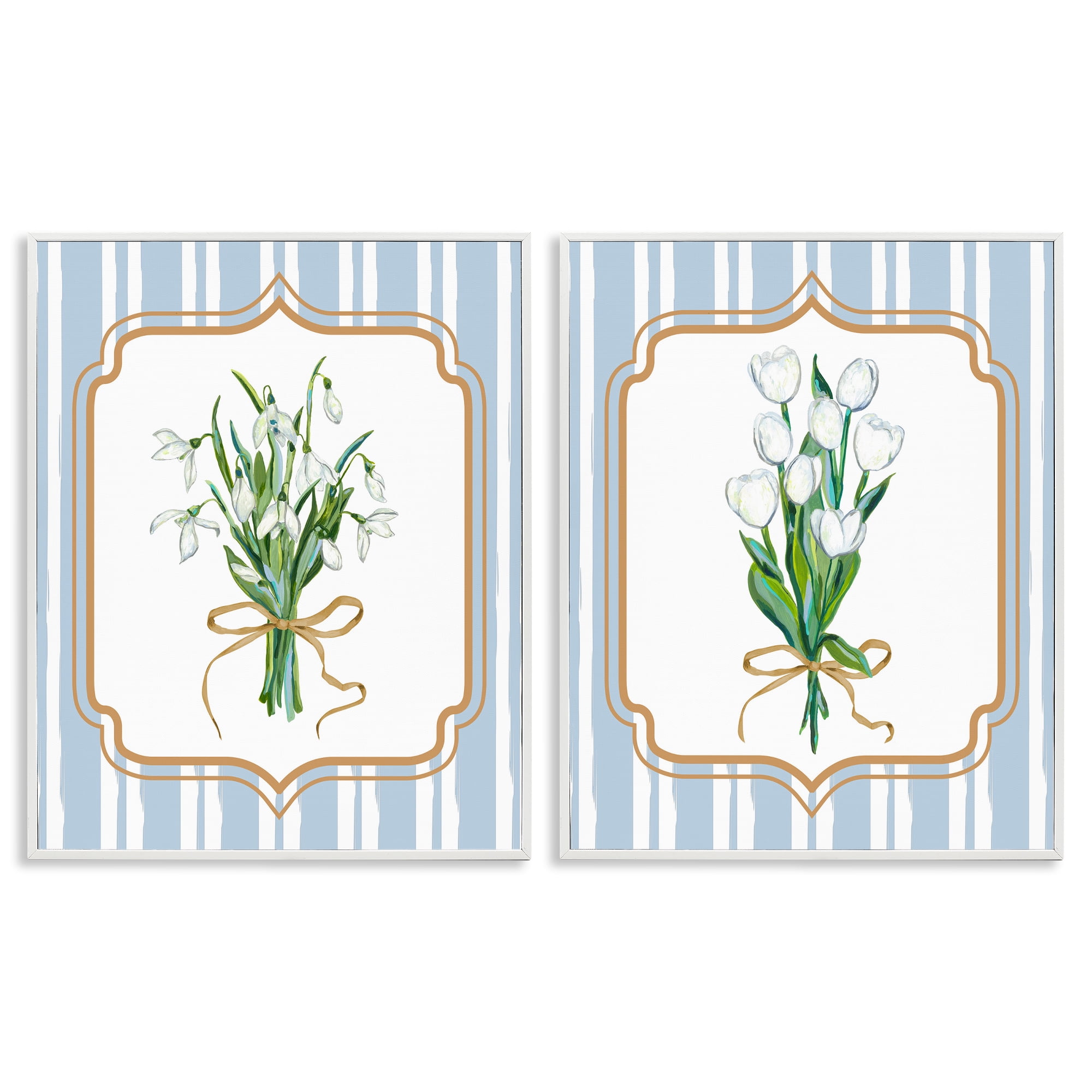 White Flowers Classic Stripes 2 Piece White Framed Giclee Art Set, design by Adonna Ebrahimi