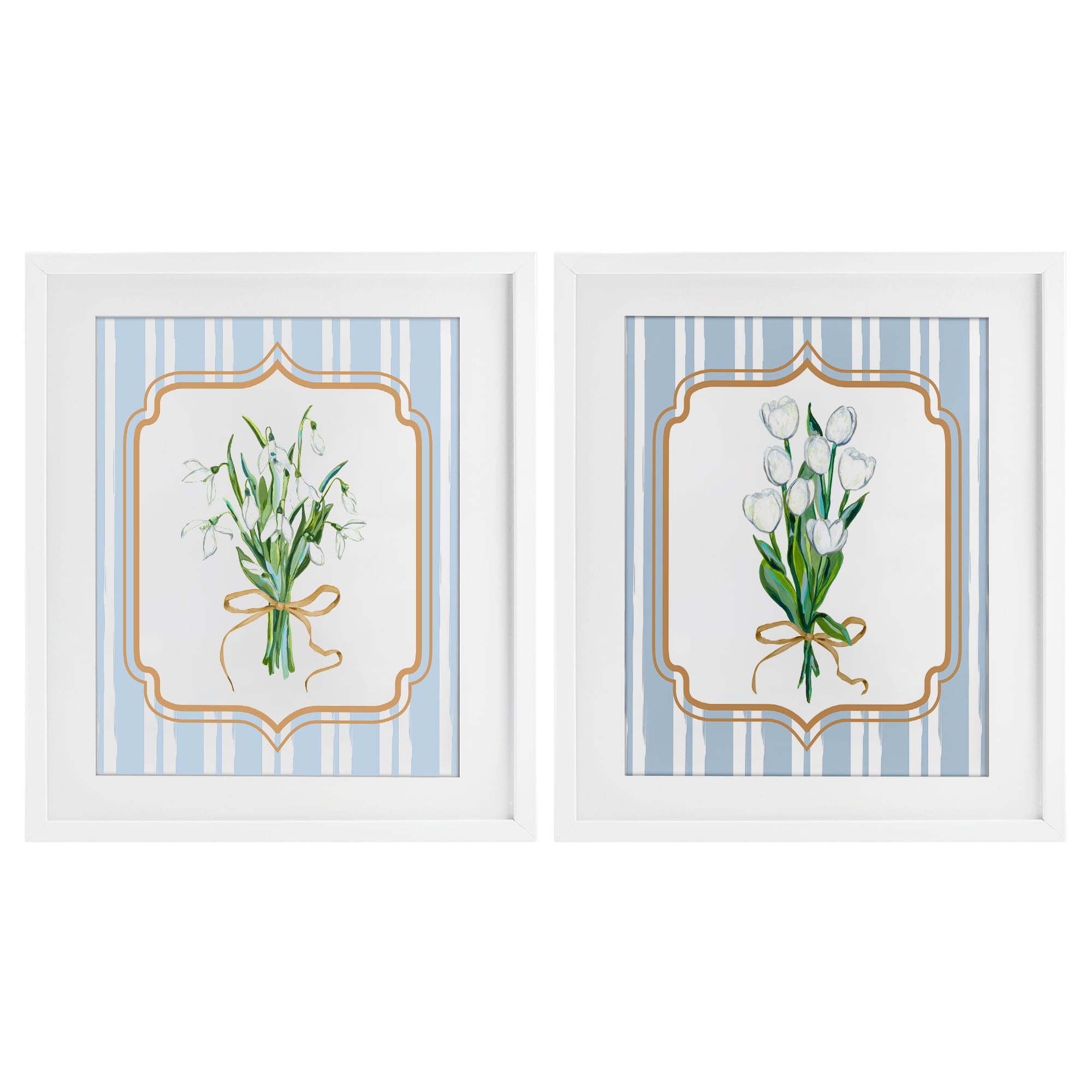 White Flowers Classic Stripes 2 Piece White Framed Print Under Glass Set, design by Adonna Ebrahimi