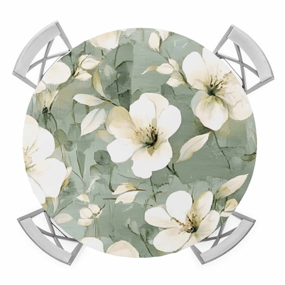White Flowers Elastic Fitted Round Table Cover Sage Green Waterproof Outdoor Tablecloth for Holiday Party, Picnic, Patio & Dining Fits Tables Up to 36"-44"