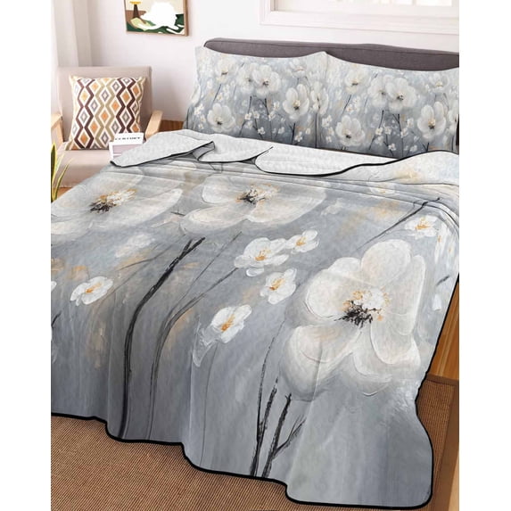 White Flowers Full Size Down Alternative Comforter,Lightweight Comforter Quilt Bedding Set with Pillow Shams Retro Camellia Floral Spring Grey Modern Art Bed Comforter Duvet Insert 78"x90"