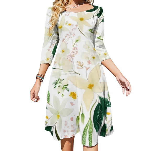 White Flowers Green Leaves Botanical Art Flare Dress Square Neck Dress Elegant Female Fashion Printed Dress