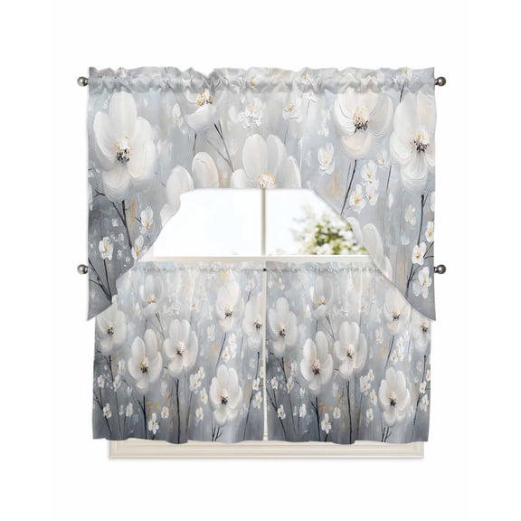 White Flowers Kitchen Curtains Swag Valance and Tier Curtains Set 24 Inch Length, Retro Camellia Floral Spring Grey Modern Art Rod Pocket Drape Panels Pair Swag Curtains for Bathroom/Cafe/Window