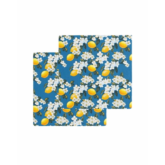 White Flowers Kitchen Dish Towels for Drying Dishes Set of 2, Yellow Lemon Fruit Vintage Watercolor Waffle Weave Microfiber Terry Hand Tea Bathroom Towels Quick Dry & Absorbent Towel 12x12