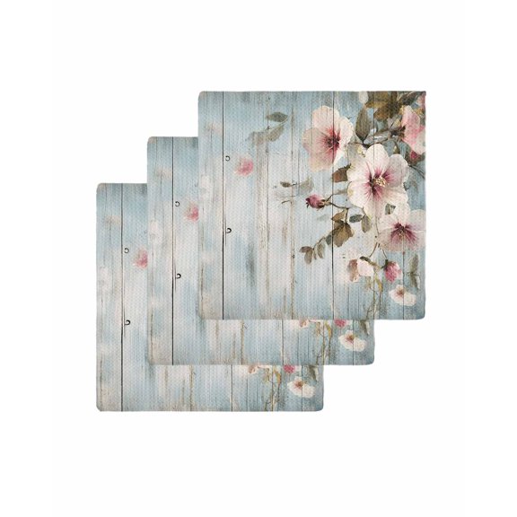 White Flowers Kitchen Dish Towels for Drying Dishes Set of 3, Blue Wood Grain Pastoral Country Rustic Waffle Weave Microfiber Terry Hand Tea Bathroom Towels Quick Dry & Absorbent Towel 12x12