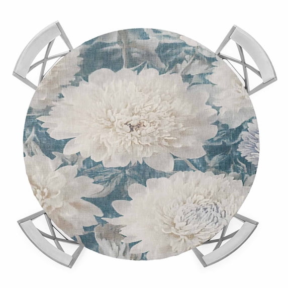 White Flowers Leaf Elastic Fitted Round Table Cover Vintage Floral Plant Waterproof Outdoor Tablecloth for Holiday Party, Picnic, Patio & Dining Fits Tables Up to 45"-54"