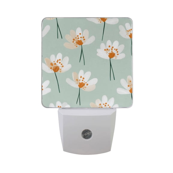 White Flowers Mint Green Background LED Night Light Sensor Lamp Plug-in Adjustable Brightness 2 Pack