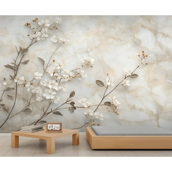 White Flowers Mural Wallpaper, Abstract Marble Wall Mural, Marble 3D Murals, Vintage Style Large Wallpaper For Living Room Bedroom Wall Decor 79"W x 55"H (Not Peel and Stick)