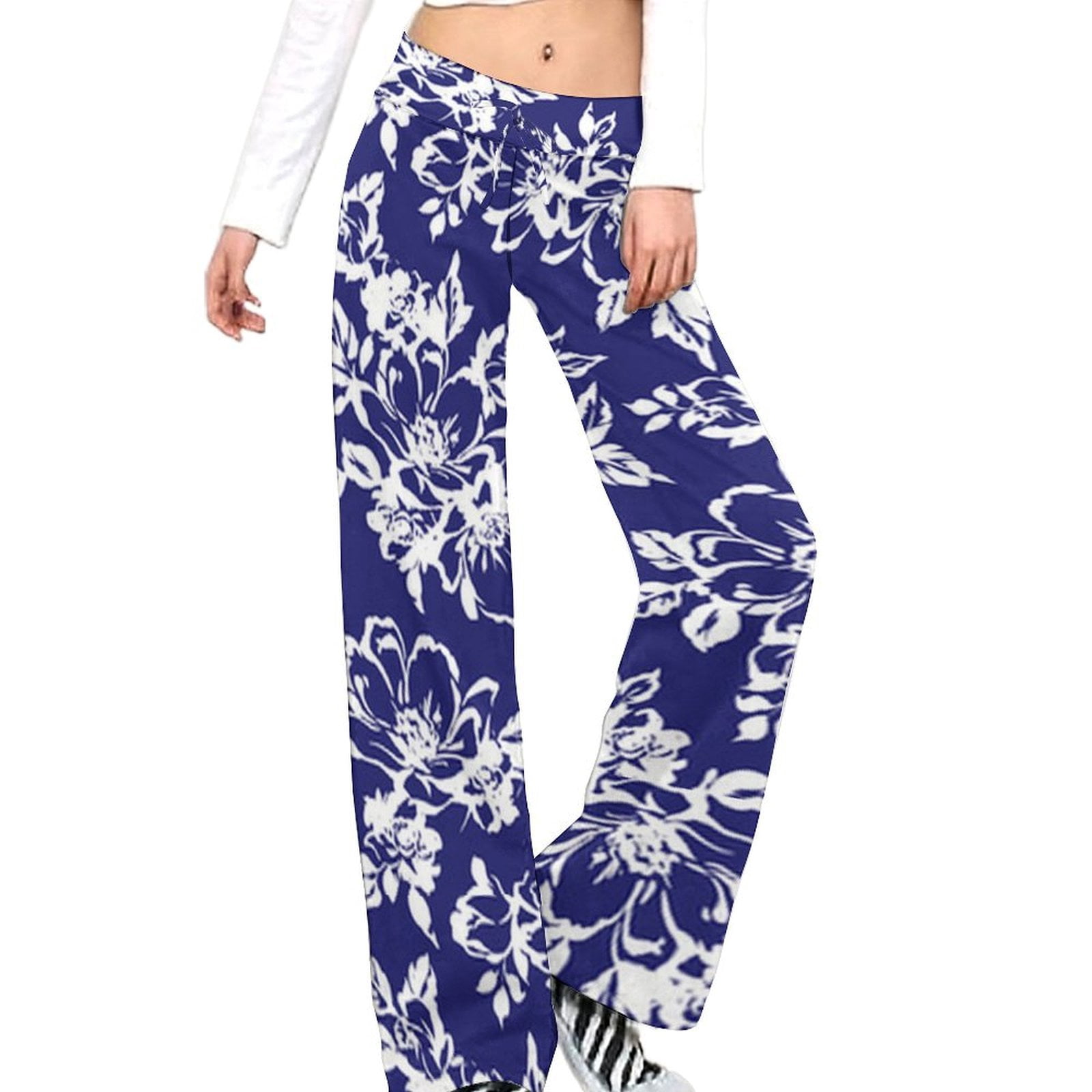 Ladies BAYEAS High Rise Wide Leg Pants with Flowers-White