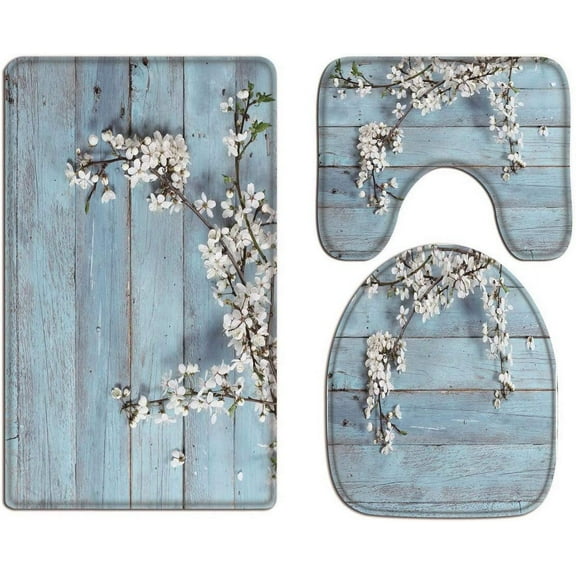 White Flowers On Blue Wooden Planks Floor Wood Texture Print Soft Flannel Cloth Washable Toilet Seat Covers Toilet Lid Covers