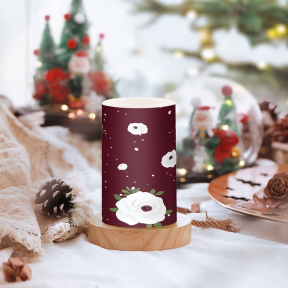 White Flowers Pattern Set of 2 Flameless LED Candles Remote and Timer Indoor Outdoor