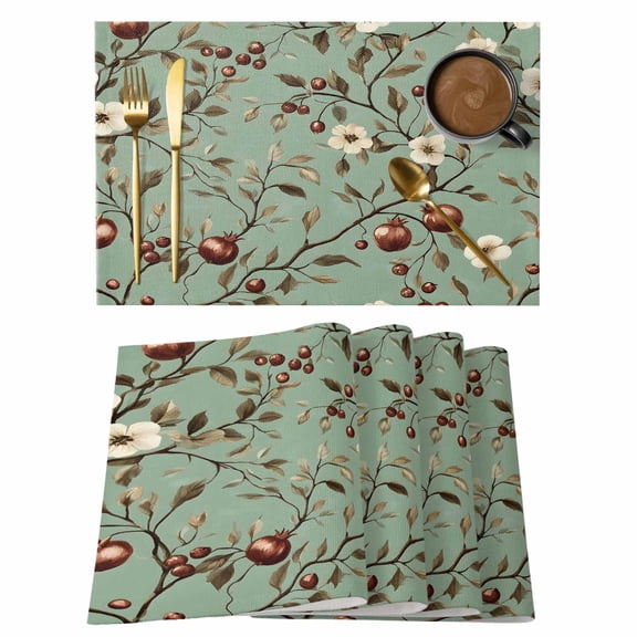 White Flowers Placemats Set of 2, Vintage Flower Pomegranate Pastoral Non-Slip Place Mats Washable Table Mats for Kitchen Dining Table Decorations Indoor/Outdoor
