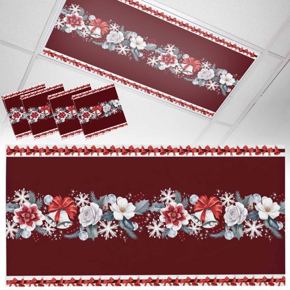 White Flowers Red Bow Fluorescent Light Covers Snowflakes Leaf Winter Christmas Magnetic Light Filters Ceiling Lighting Panel Shade for Classroom Office Home 2 x 4 ft, 4 Pack