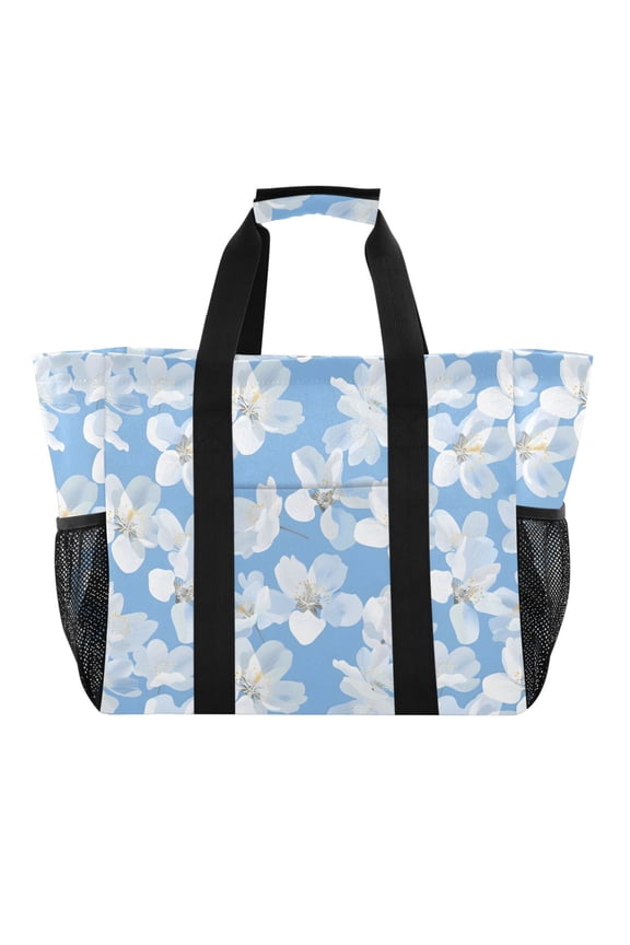 White Flowers Reusable Grocery Bags with Handle Side Pocket Waterproof Shopping Portable Tote