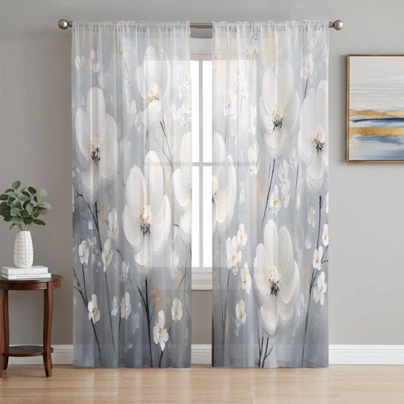 White Flowers Semi Sheer Curtains 63 Inch Length 2 Panels Set,Retro Camellia Floral Spring Grey Modern Art Sheer Kitchen Curtain Privacy Voile Window Curtain for Living Room Bedroom Rod Pocket Drapes