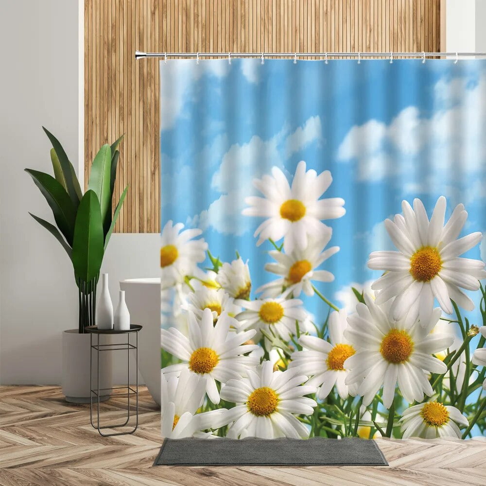 White Flowers Shower Curtain Bath Set Daisy Natural Scenery Bathroom Decor Sunny Blue Sky