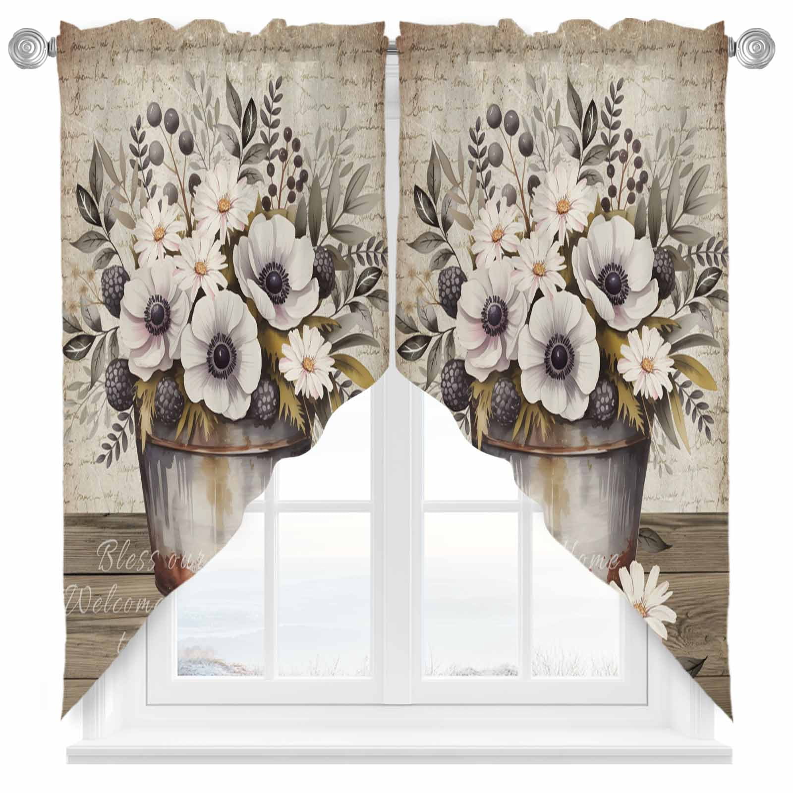 Paper Window Valance White Flowers Swag Kitchen Curtain Valances, Daisy Leaf Berry Vintage ...