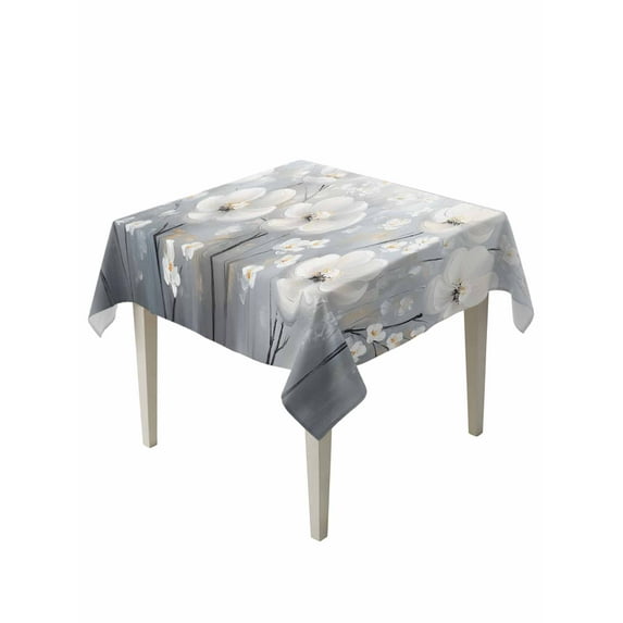 White Flowers Table Cloth, Retro Camellia Floral Spring Grey Modern Art Waterproof Tablecloth for Square Tables, Reusable Washable Fabric Table Cover for Restaurant Kitchen Dining Tables 54"x54"