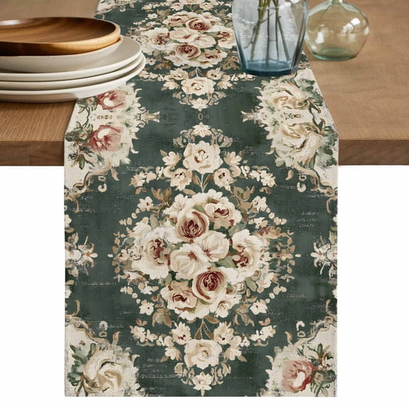 off White Flowers Table Runner, Floral Oriental Cotton Linen Kitchen Table Decoration Washable Dining Tabletop Runners for Home Party Decor 13x36 Inches