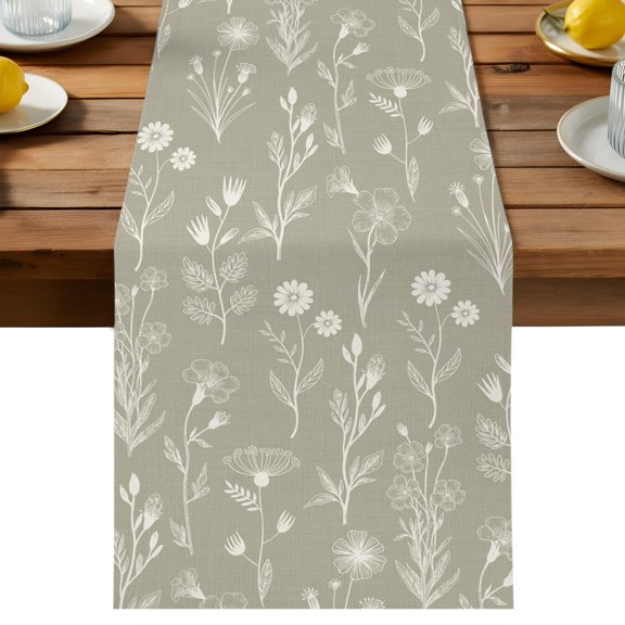 White Flowers Table Runner, Green Background Vintage Farm Floral Plant Spring Washable Kitchen Table Runners Dress Scarves for Dining Table Decorations Party/Restaurant/Indoor Outdoor Use, 13x36in