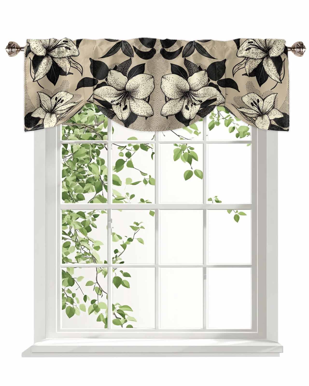 White Flowers Tie Up Valances Curtain, Black Leaf Vintage Khaki Background Kitchen Valances for Windows Decor, Rod Pocket Short Curtains Set for Bedroom/Bathroom, 54"x18"