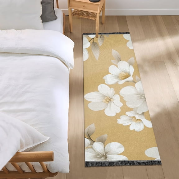 White Flowers Vector Bedroom Runner Rug 2'x 6' Non Slip Carpet Indoor Home Area Rug Living Room
