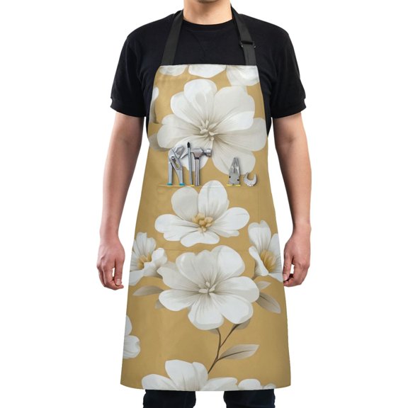 White Flowers Vector Chef Kitchen Apron with Pockets for Women Waterproof Aprons for Cooking Baking