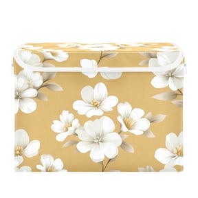 White Flowers Vector Large Storage Bins with Linen Collapsible Lid Storage Box 16.7 x 12.6 x 11.8in