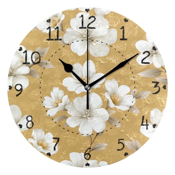 White Flowers Vector Round Wall Clock Silent Battery Operated Home Decor for Living Room Bedroom