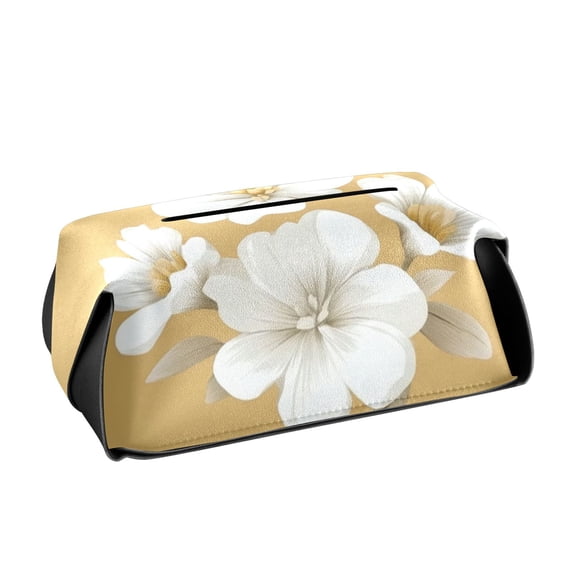 White Flowers Vector Tissue Box Cover Leather Square Rectangle Tissue Box Holder for Bathroom Living Room Desk Office Decor