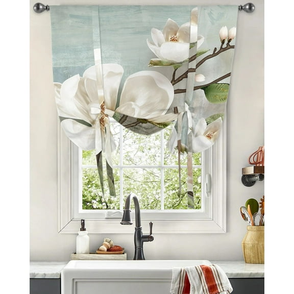White Flowers Vintage Background Window Curtain for Living Room Kitchen Tie-up Roman Curtain Home Decor Blinds Drapes