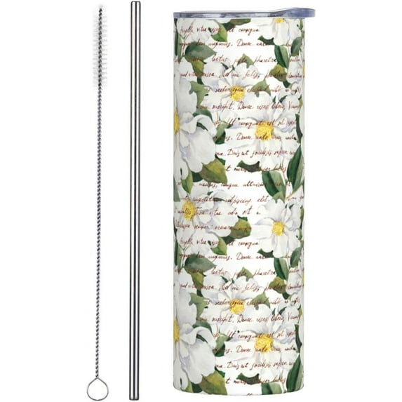 White Flowers Vintage Floral Stainless Steel Slim Insulated Water Bottles Tumbler with Lid and Straw, Leak Proof Water Bottles for Kids Girls Boys Men Women