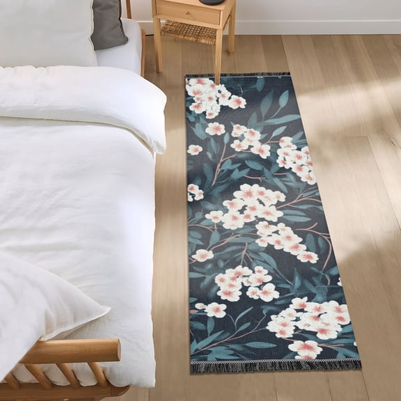 White Flowers and Blue Leaves Bedroom Runner Rug 2'x 6' Non Slip Carpet Indoor Home Area Rug Living Room