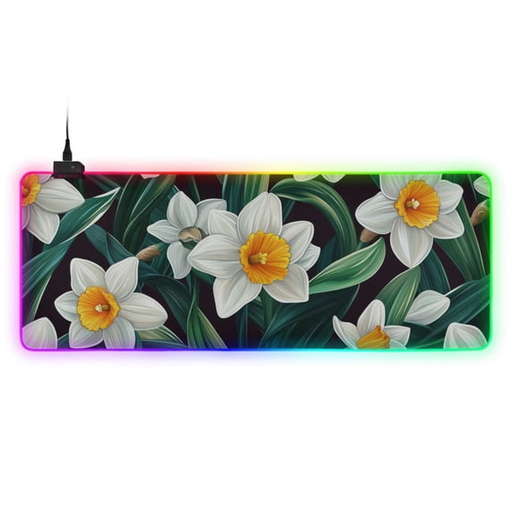 White Flowers and Green Leaves RGB Gaming Mouse Pad Large Keyboard Mat Rubber Base 13 Light Modes