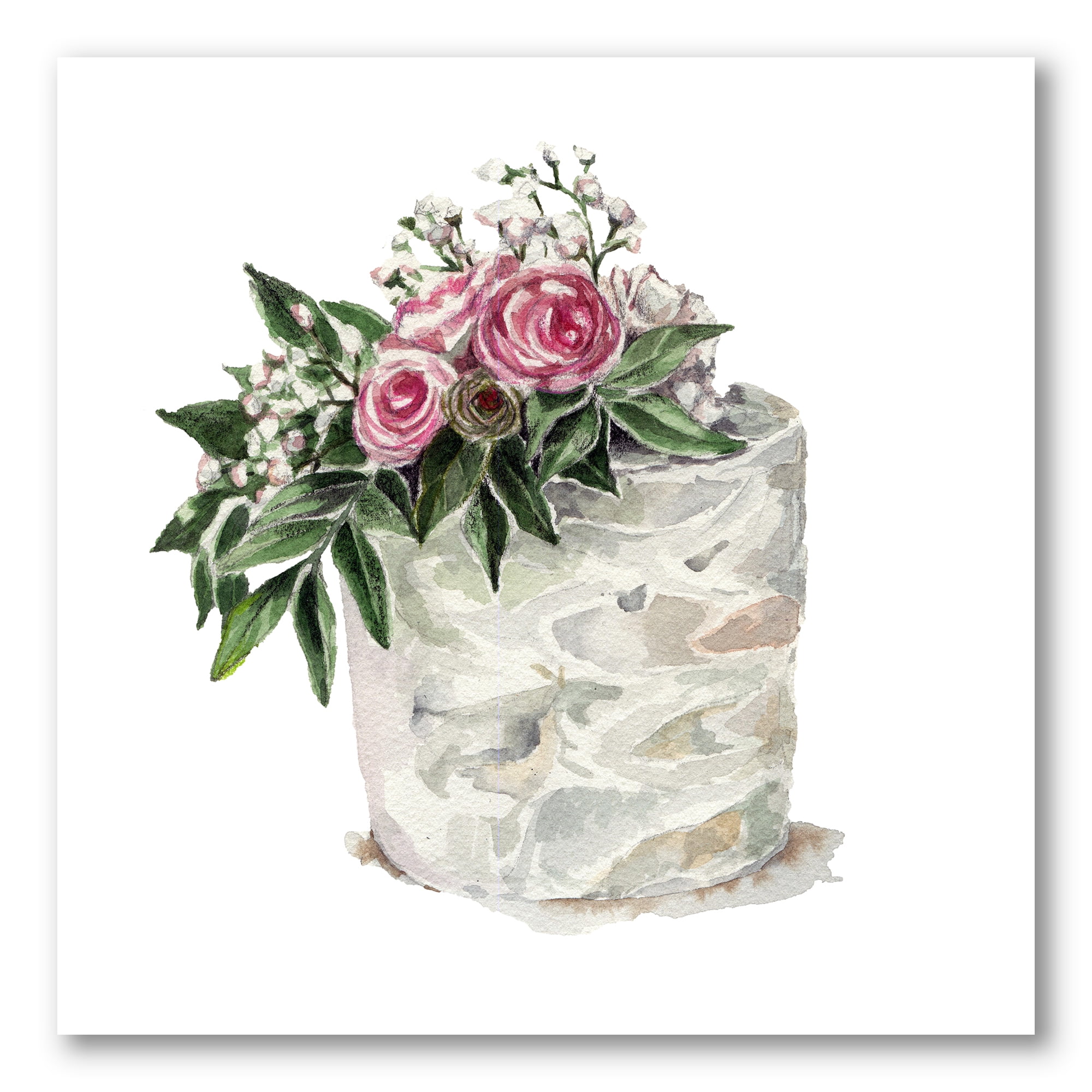 White Flowers and Pink Roses On Cake 30 in x 30 in Painting Canvas Art Print, by Designart