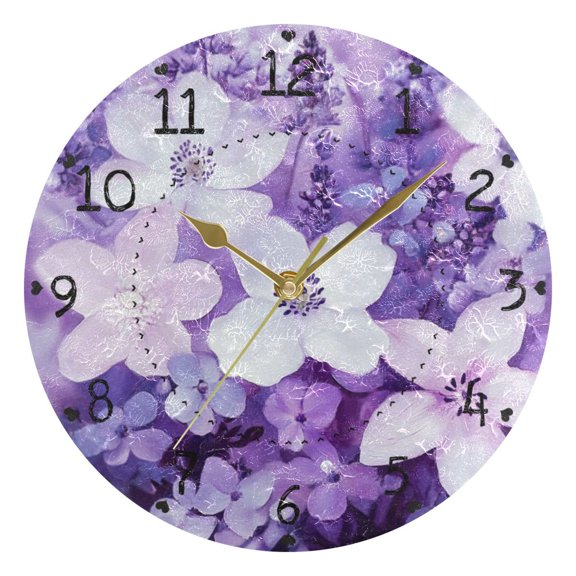 White Flowers and Purple Leave Round Wall Clock Silent Battery Operated Home Decor for Living Room Bedroom