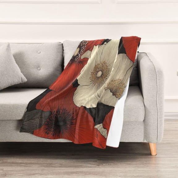 White Flowers and Red Flowers Throw Blanket 60" x 90" Soft and Warm Blankets for Couch Sofa and Bed