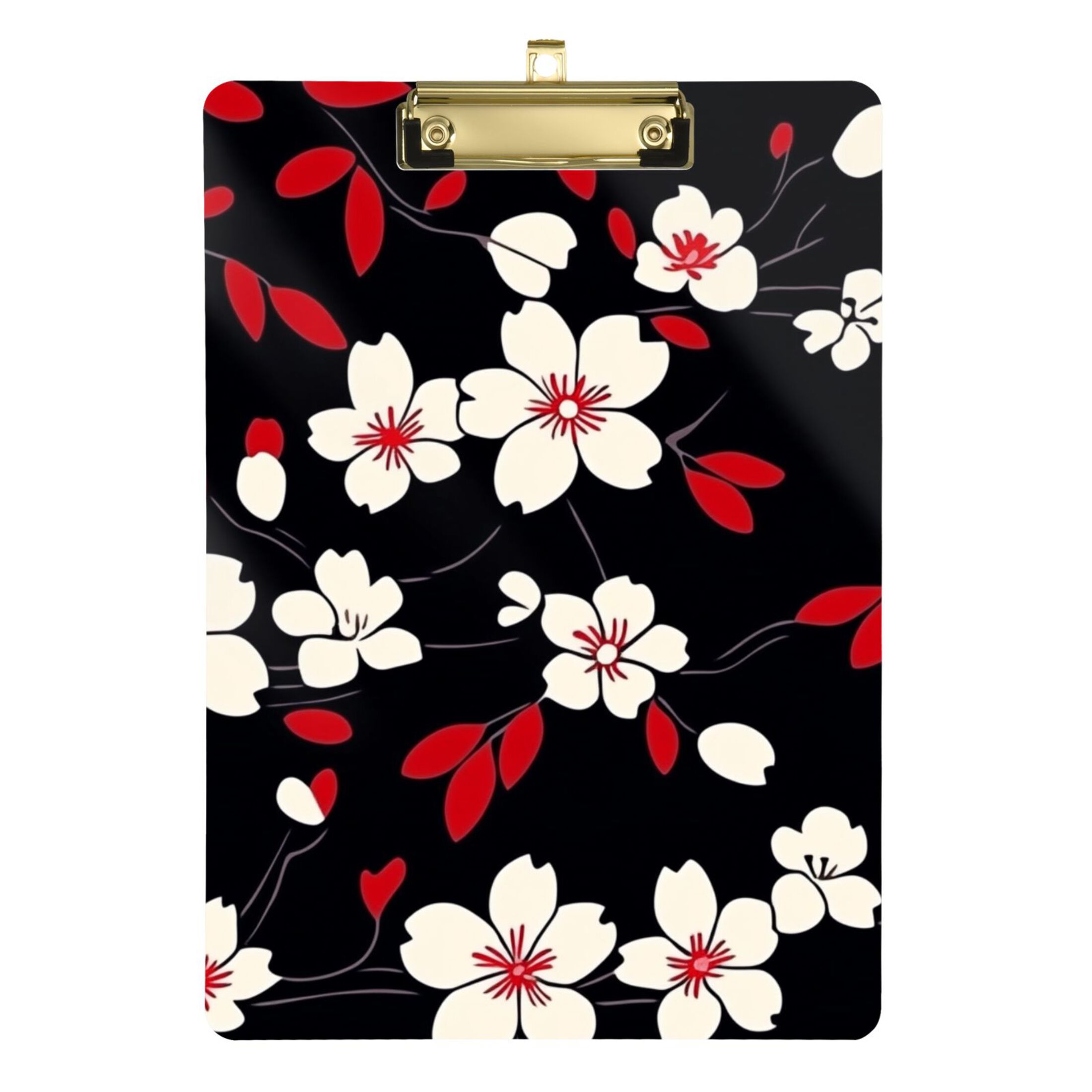White Flowers and Red Leaves on Black Acrylic Clipboard with Gold Clip