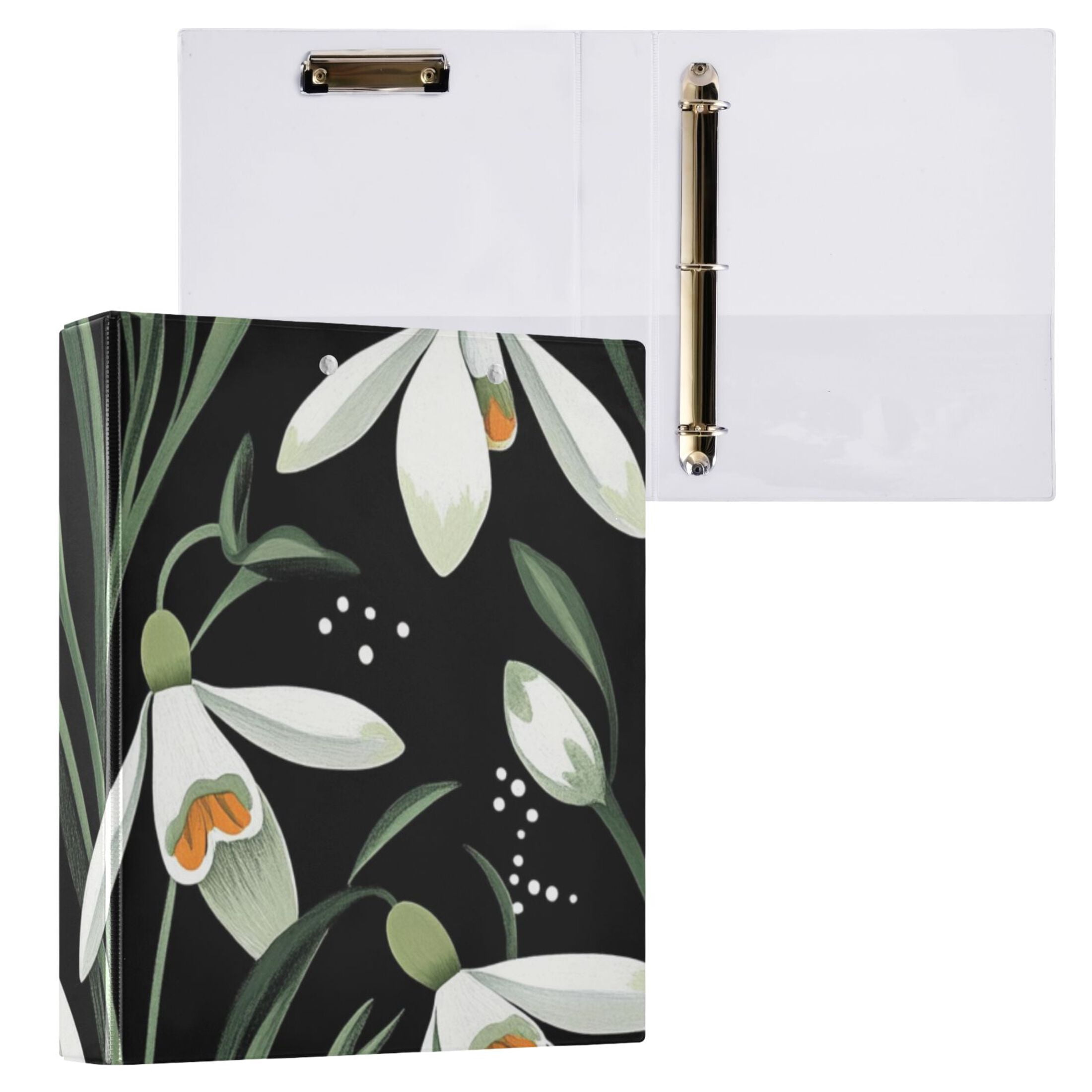 White Flowers in Dark 3 Ring Binders 1.5 inch Hardcover File Folders with Interior Pockets A4 Size Organizer for School Office Hospital Set of 2