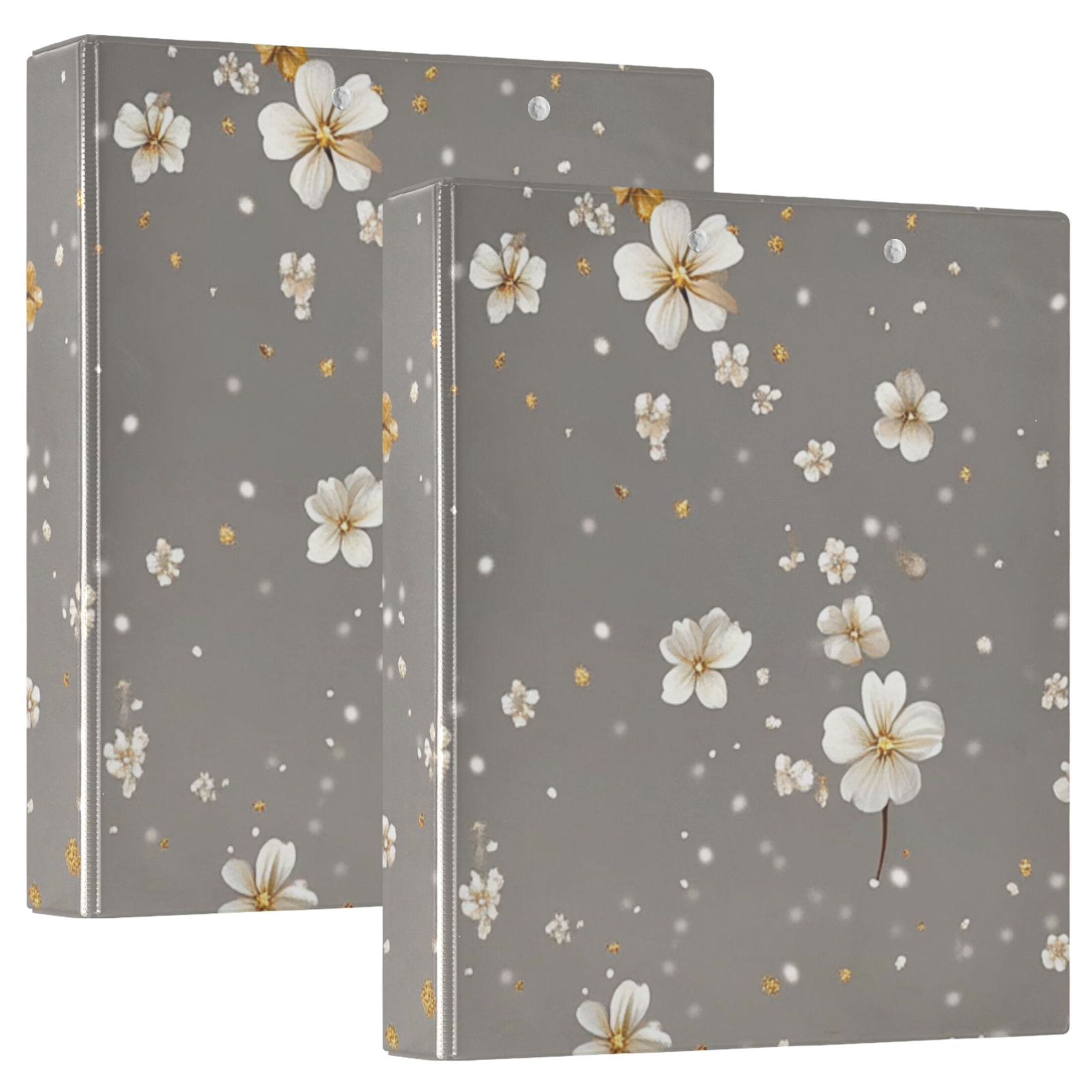 White Flowers in Gray 3 Ring Binders 1.5 inch Hardcover File Folders with Interior Pockets A4 Size Organizer for School Office Hospital