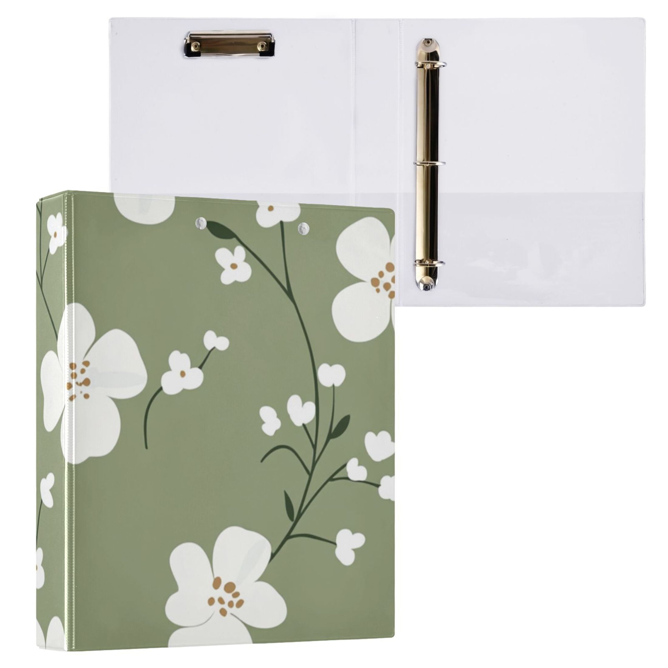 White Flowers in Green 3 Ring Binders 1.5 inch Hardcover File Folders with Interior Pockets A4 Size Organizer for School Office Hospital Set of 2