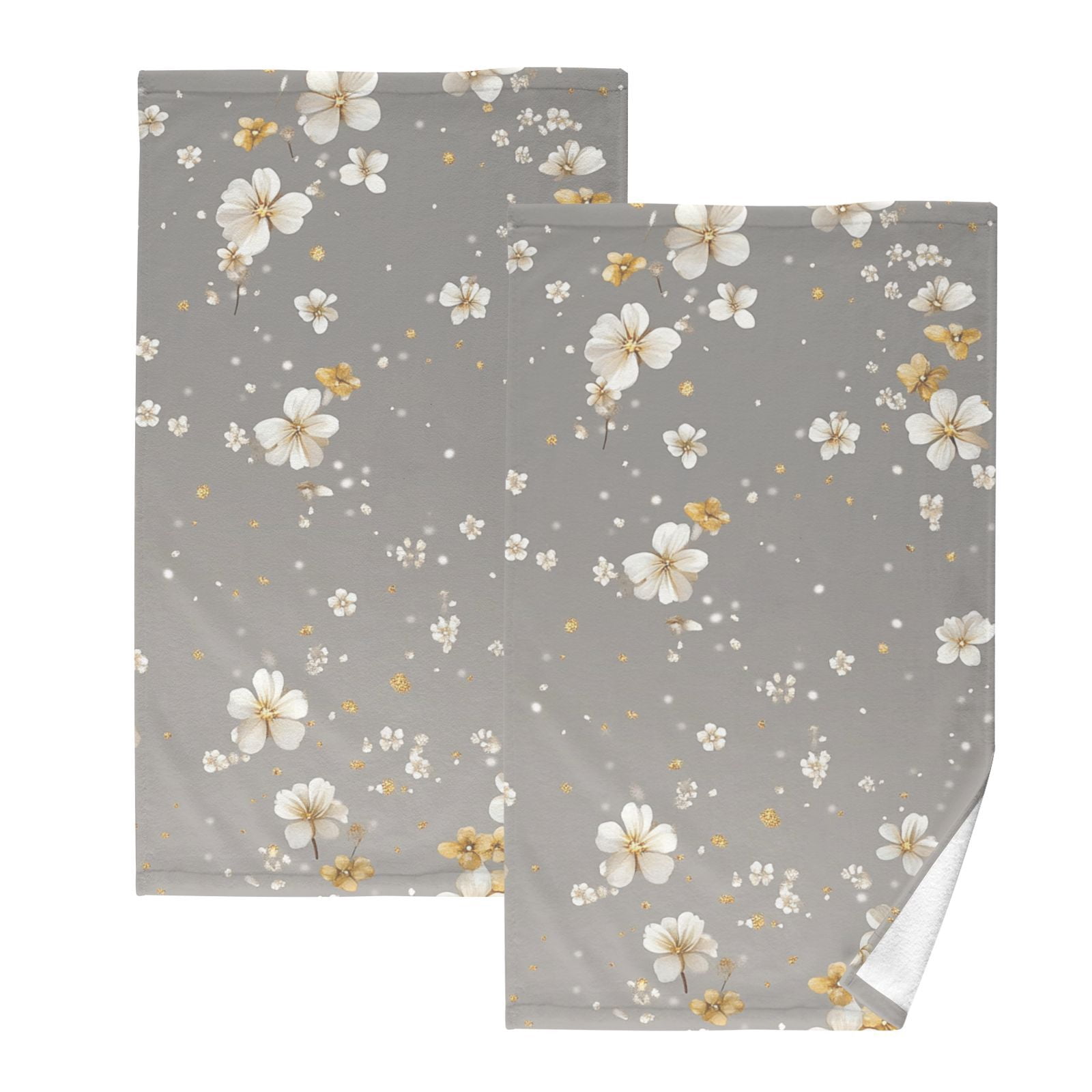 White Flowers in Grey Hand Towels Cotton Bath Towels Large Face Towels Absorbent for Bathroom 2 Packs